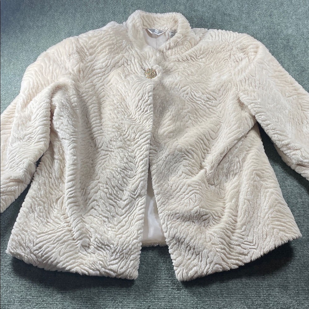 Laura Ashley Cream Faux-Fur Teddy Jacket with Decorative Brooch